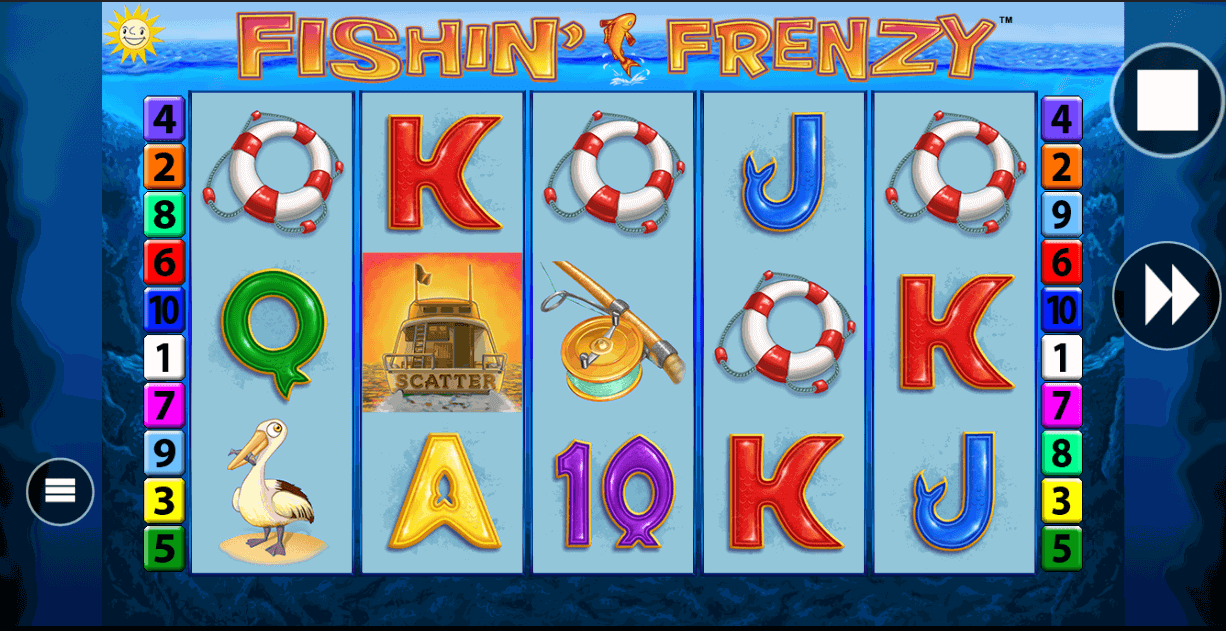 Fishin' Frenzy free games bonus screen: the fisherman wild stands over the blue underwater reel grid casting his line while tagged fish carrying cash values swim past and the golden boat scatter glows above the water.